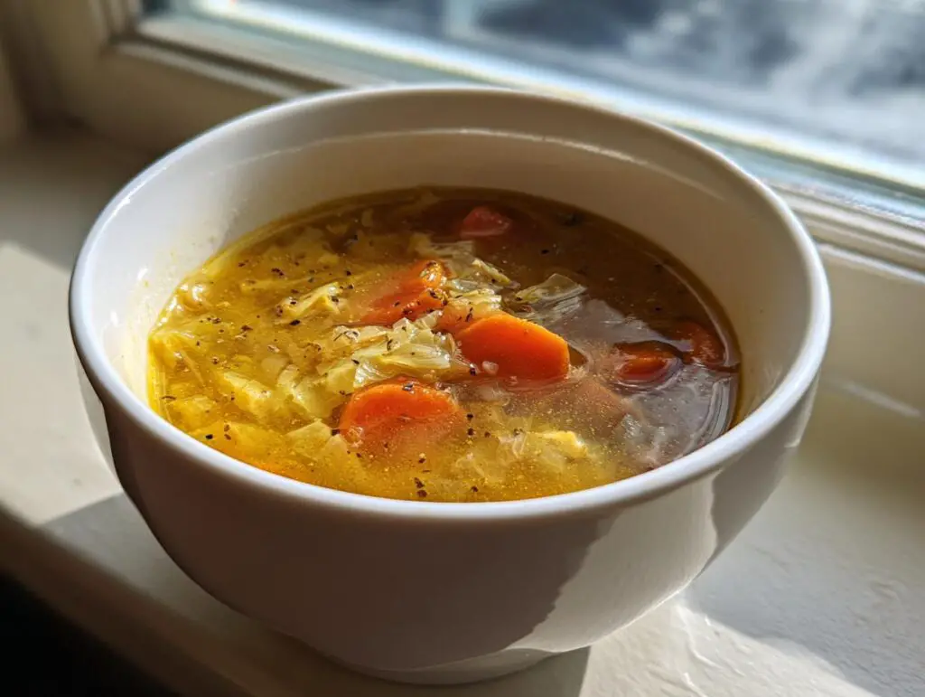 A bowl of Detox Cabbage & Carrot Soup, with carrots and cabbage visible.