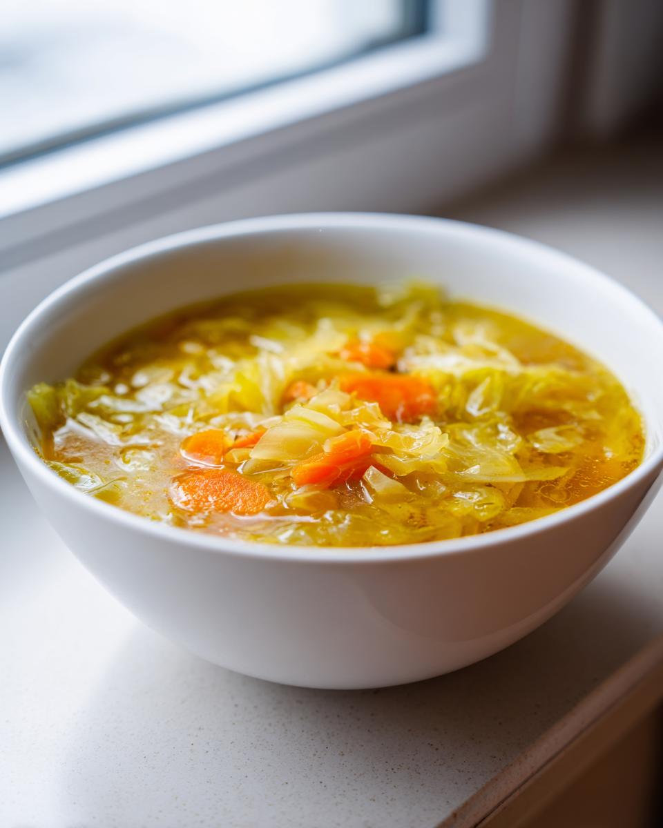 Close-up of a bowl of Detox Cabbage & Carrot Soup, a healthy and flavorful soup.