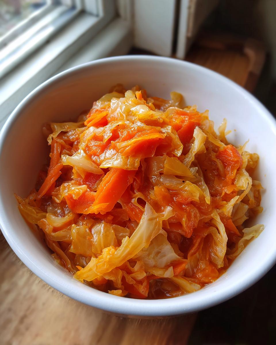 Close-up of a bowl filled with Detox Cabbage & Carrot Soup, a healthy and vibrant dish.