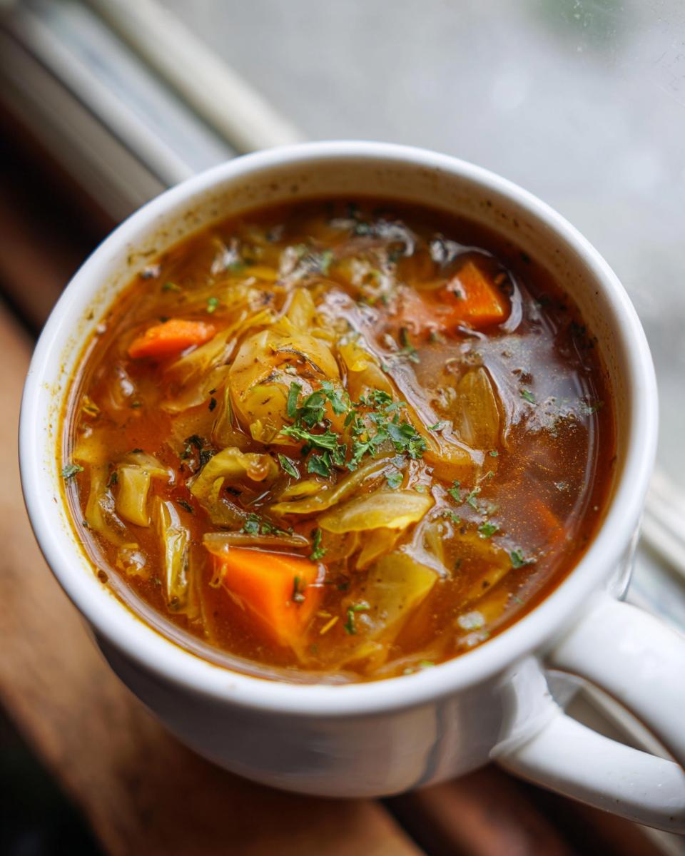 Close-up of a mug filled with Detox Cabbage & Carrot Soup, showing vegetables and broth.