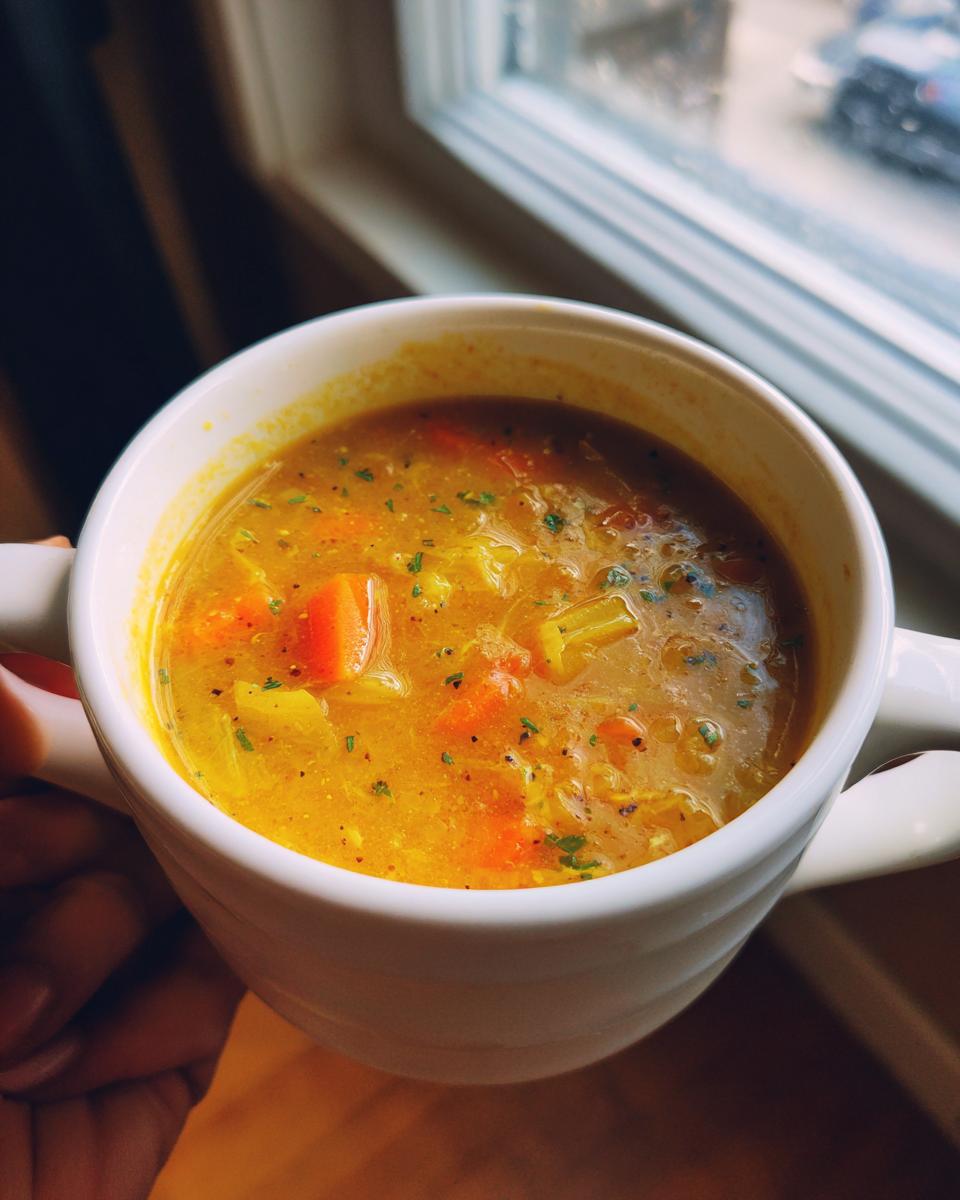 Close-up of a mug filled with Detox Cabbage & Carrot Soup, a healthy and comforting meal.