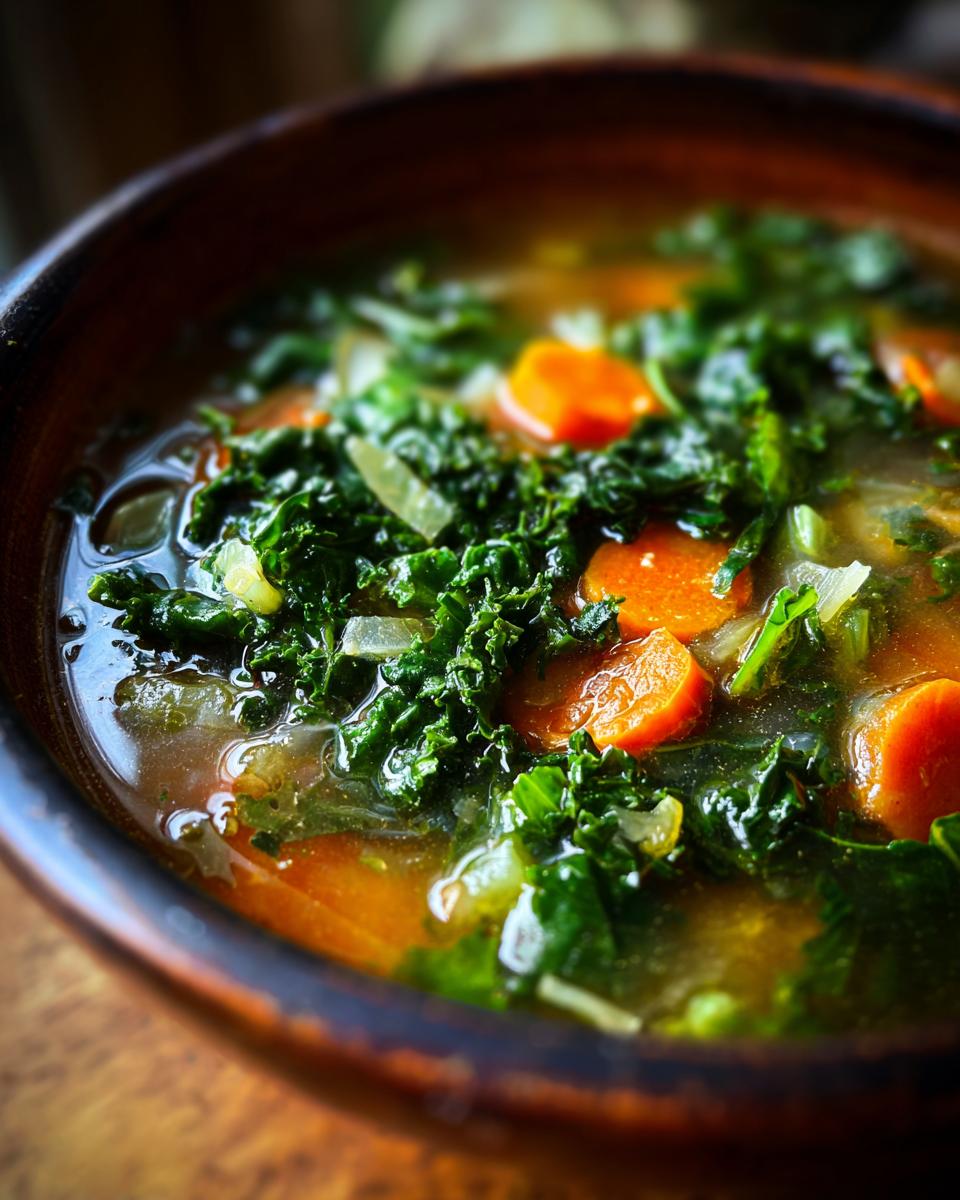Amazing Detox Green Vegetable Soup: 40 Mins to Feel Good! 7 Close-up of a bowl filled with Detox Green Vegetable Soup with kale and carrots.
