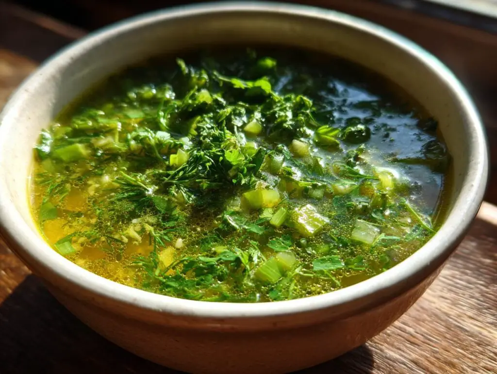 Close-up of a bowl filled with Detox Green Vegetable Soup, showing fresh green vegetables.