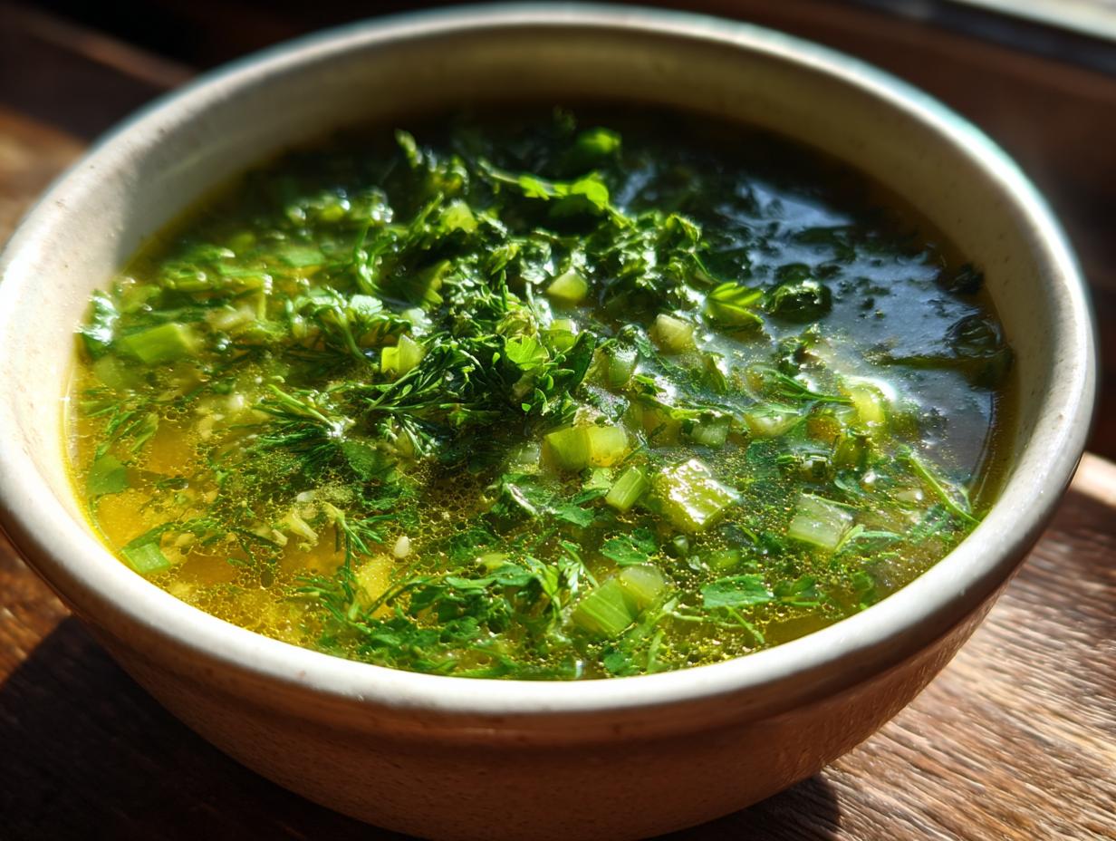 Close-up of a bowl filled with Detox Green Vegetable Soup, showing fresh green vegetables.