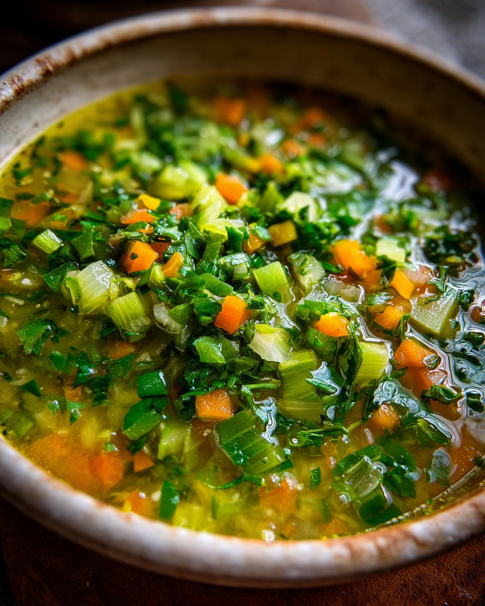 Amazing Detox Green Vegetable Soup: 40 Mins to Feel Good! 9 Close-up of a bowl of Detox Green Vegetable Soup, filled with fresh green vegetables and carrots.