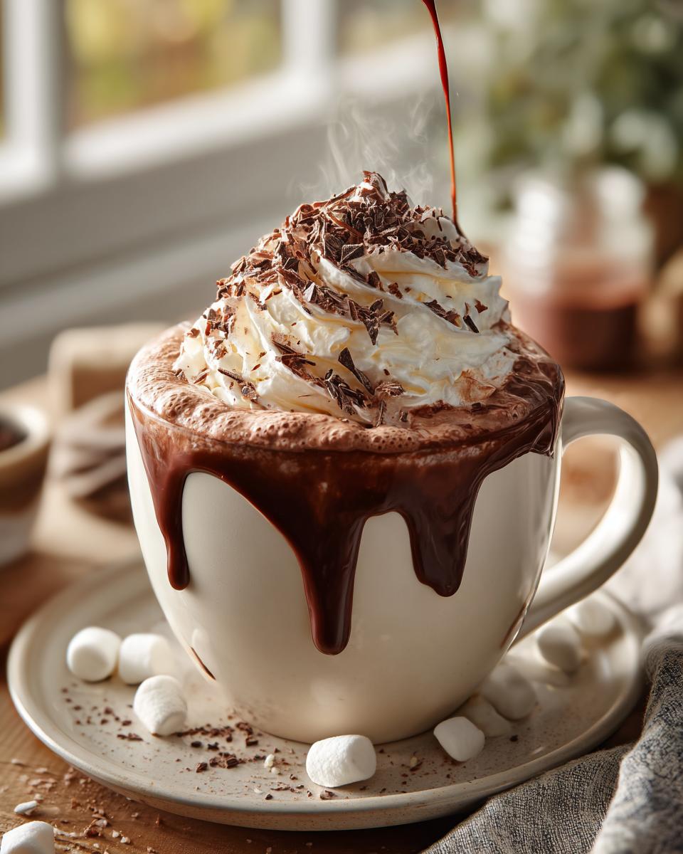 A steaming mug of hot chocolate topped with whipped cream, chocolate shavings, and a drizzle of chocolate syrup, part of a DIY Hot Chocolate Bar Setup.