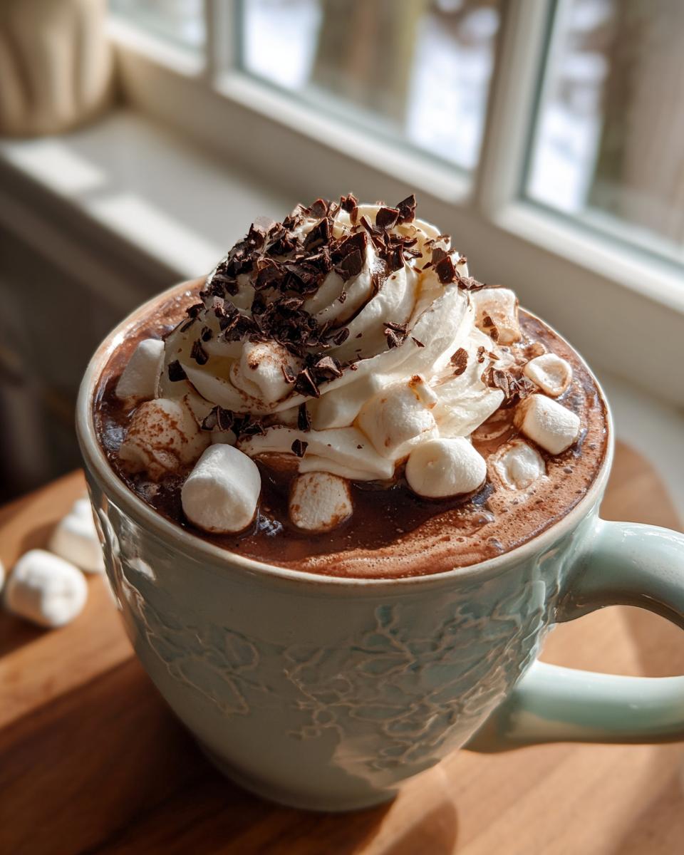 A close-up of a mug of hot chocolate, topped with whipped cream, marshmallows, and chocolate shavings, part of a DIY Hot Chocolate Bar Setup.