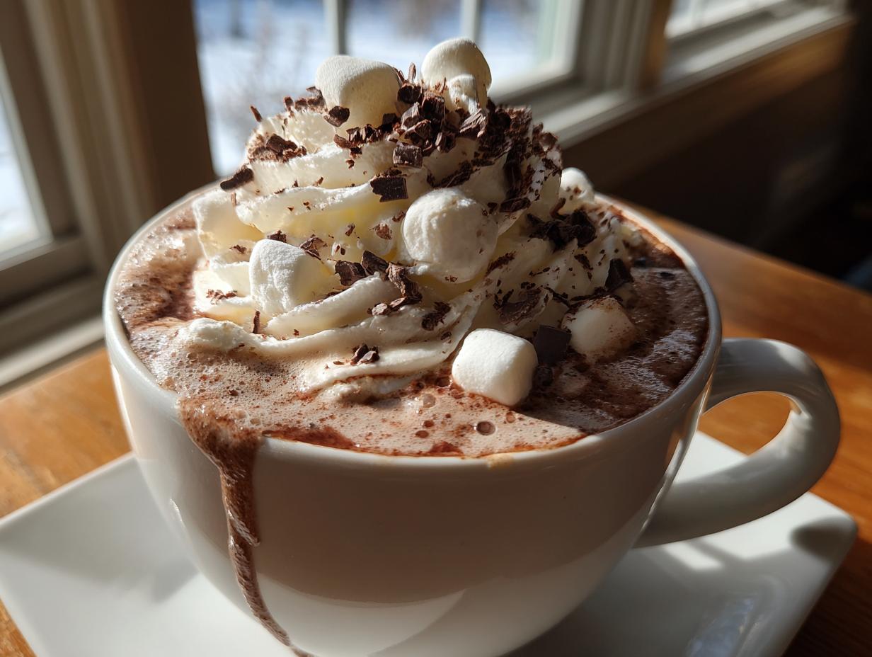 A close-up of a steaming mug of hot chocolate, topped with whipped cream, marshmallows, and chocolate shavings, perfect for a DIY Hot Chocolate Bar Setup.