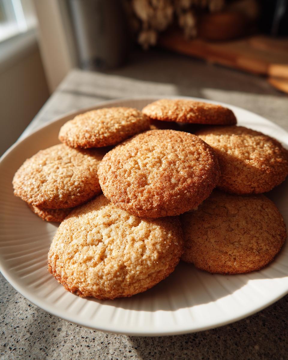 Amazing Easy 3-Ingredient Christmas Cookies 8 A pile of golden-brown Easy 3-Ingredient Christmas Cookies on a fluted white plate, bathed in soft light.