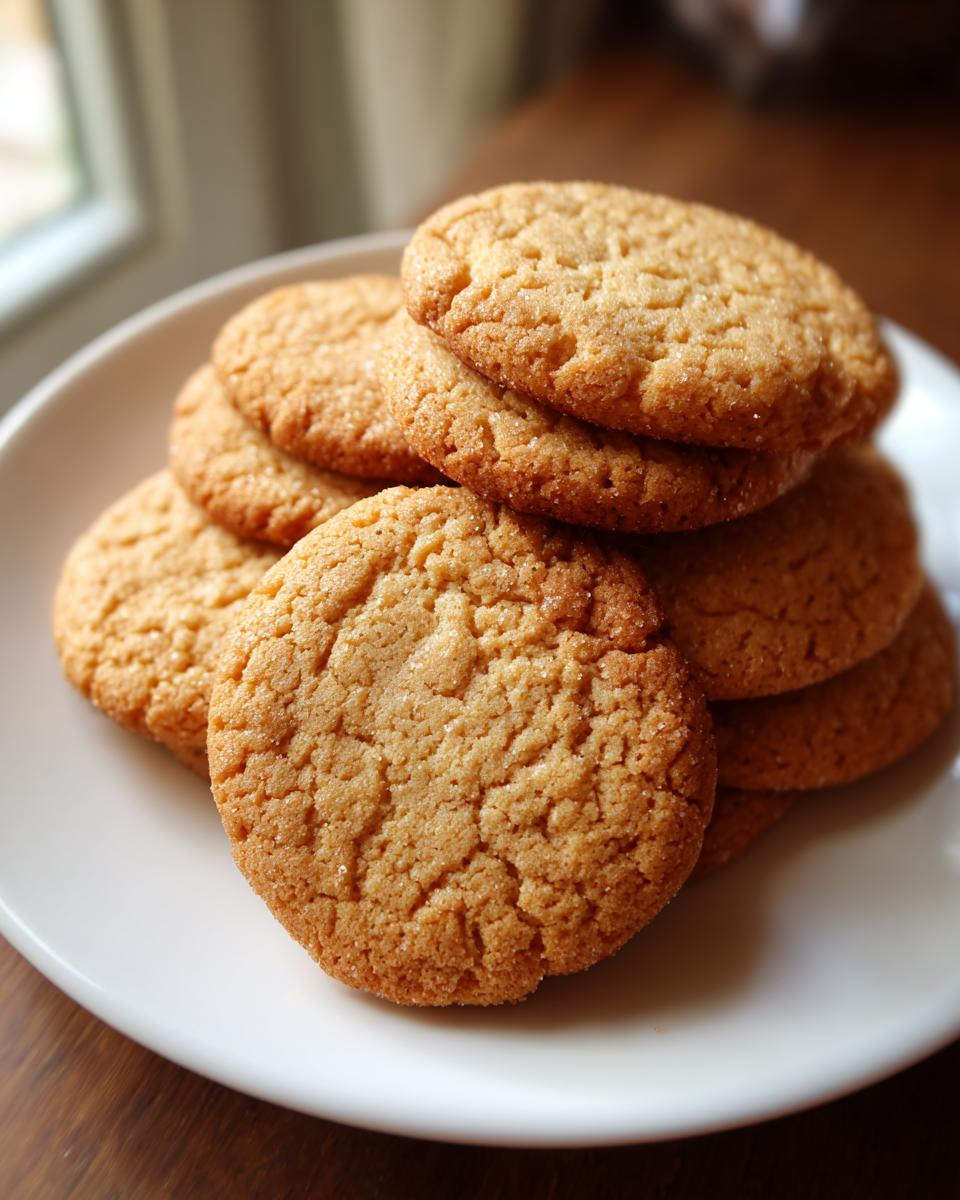 Amazing Easy 3-Ingredient Christmas Cookies 9 A stack of golden brown Easy 3-Ingredient Christmas Cookies on a white plate, with a subtle sparkle of sugar.