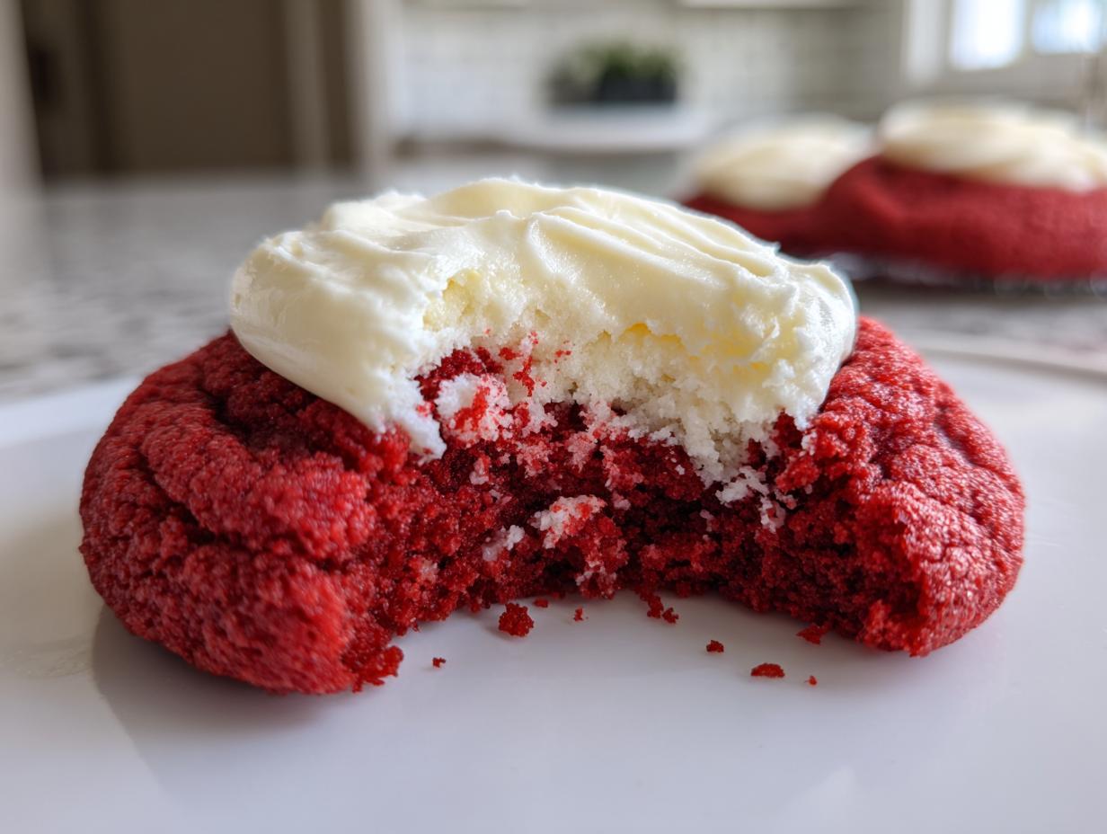 Close-up of a decadent Easy Crumbl Red Velvet Cookie, topped with creamy white frosting and a bite taken out.