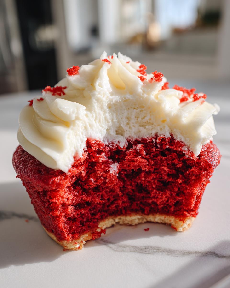 Easy Crumbl Red Velvet Cookies: 1 Amazing Recipe 10 A close-up of an Easy Crumbl Red Velvet Cupcake Cookie with a bite taken out, showing fluffy white frosting and red cake.
