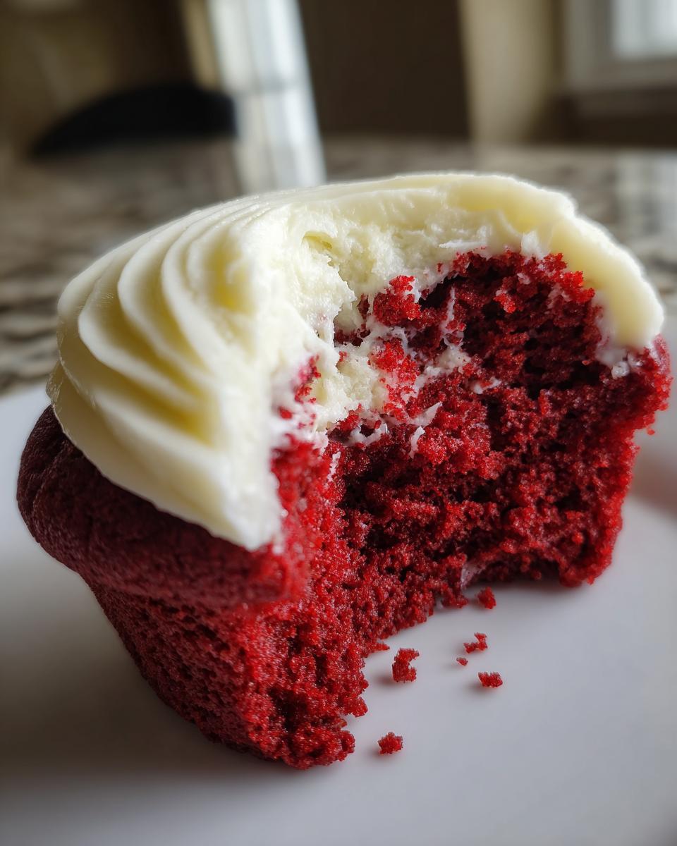 Easy Crumbl Red Velvet Cookies: 1 Amazing Recipe 7 A close-up of an Easy Crumbl Red Velvet Cupcake Cookie with a bite taken out, showing the moist red cake and creamy white frosting.