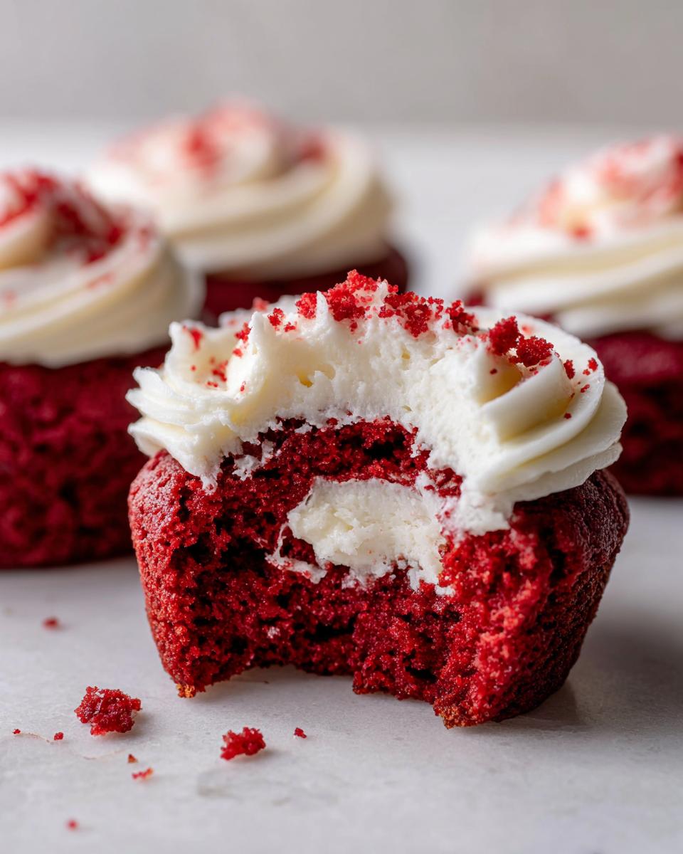 Easy Crumbl Red Velvet Cookies: 1 Amazing Recipe 8 A close-up of an Easy Crumbl Red Velvet Cupcake Cookie with a bite taken out, revealing the moist red cake and cream cheese filling.