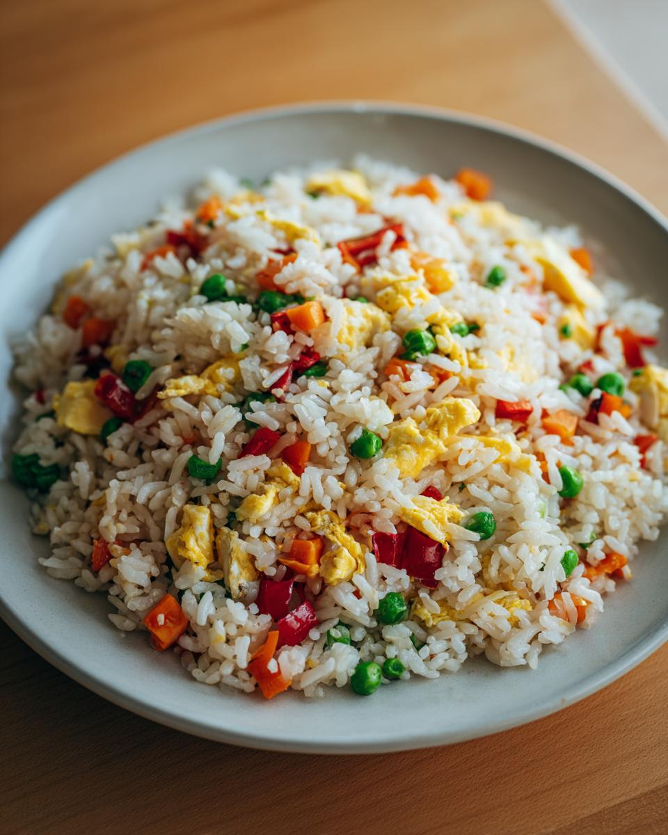 Overhead shot of Easy Veggie Fried Rice with Egg on a plate, with vegetables and egg.