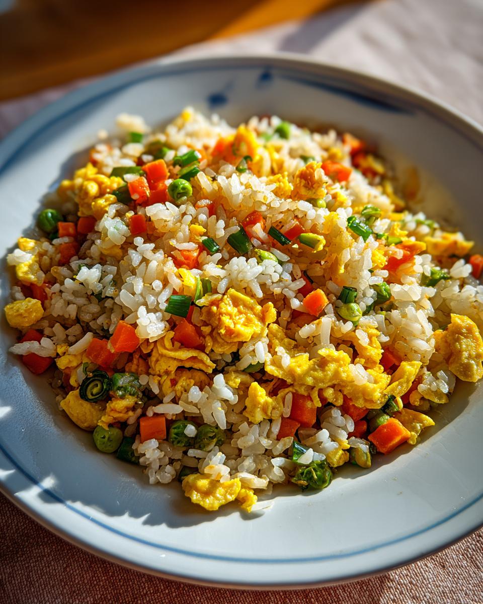 A plate of Easy Veggie Fried Rice with Egg, featuring rice, scrambled eggs, carrots, and peas.