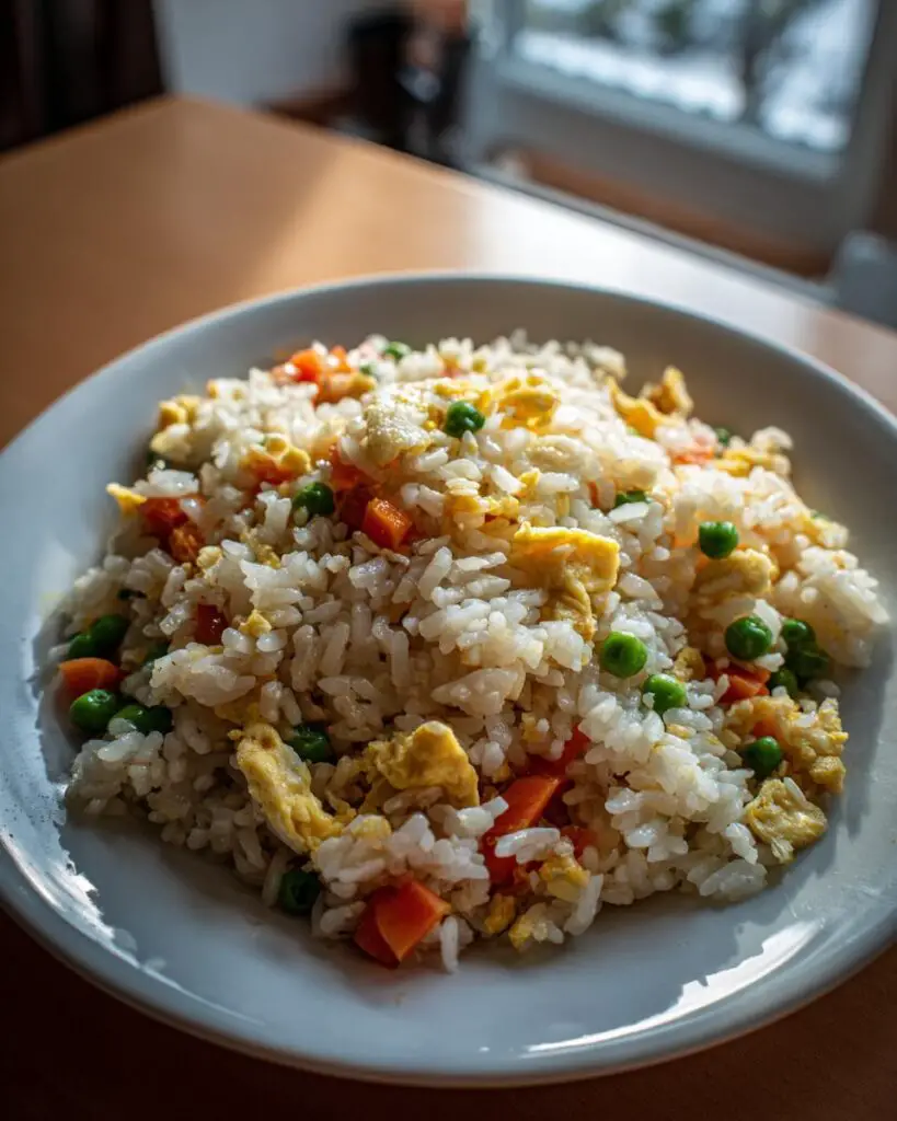 A plate of Easy Veggie Fried Rice with Egg, with carrots, peas, and scrambled egg.