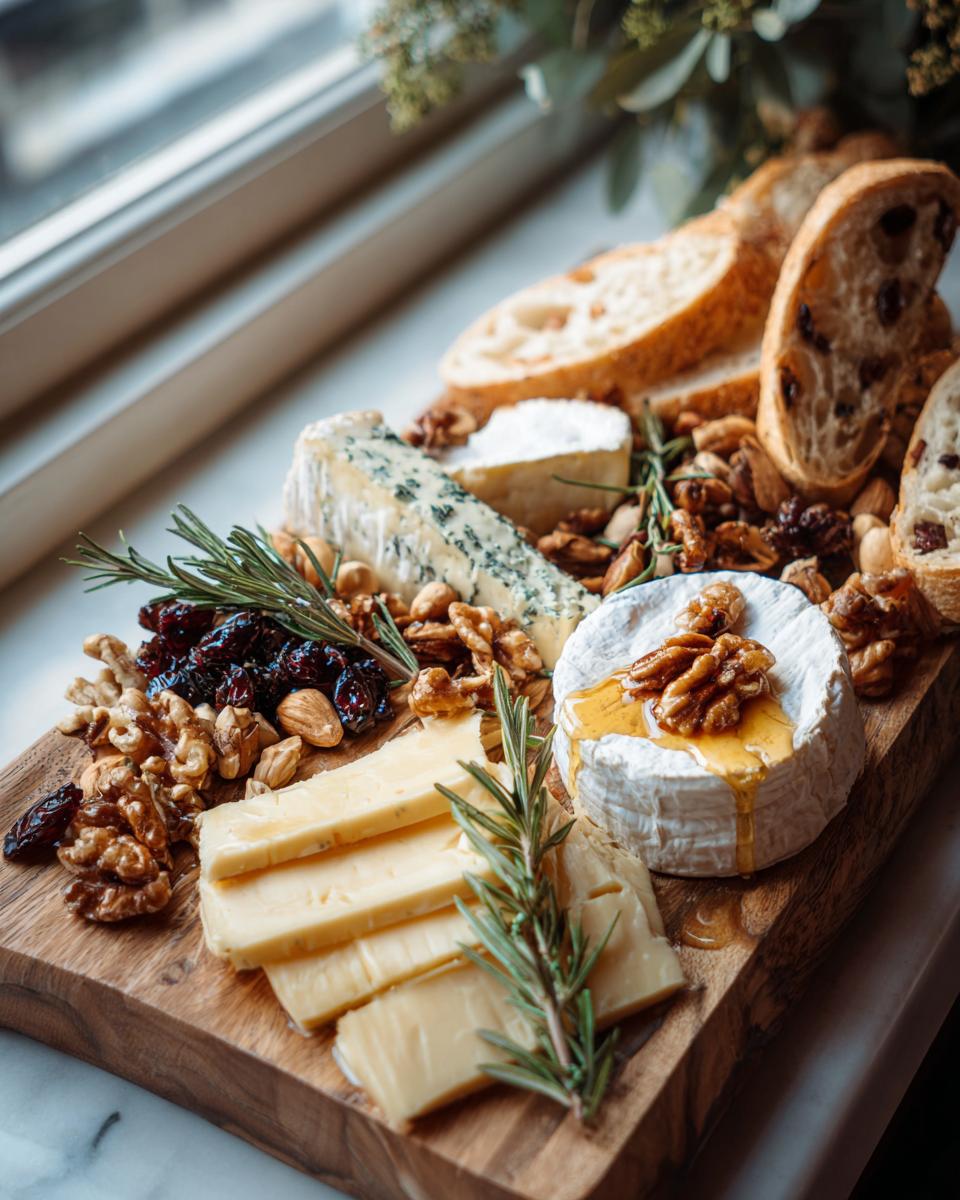 A beautiful festive holiday cheese board featuring brie, blue cheese, sliced hard cheese, nuts, dried fruit, and bread.