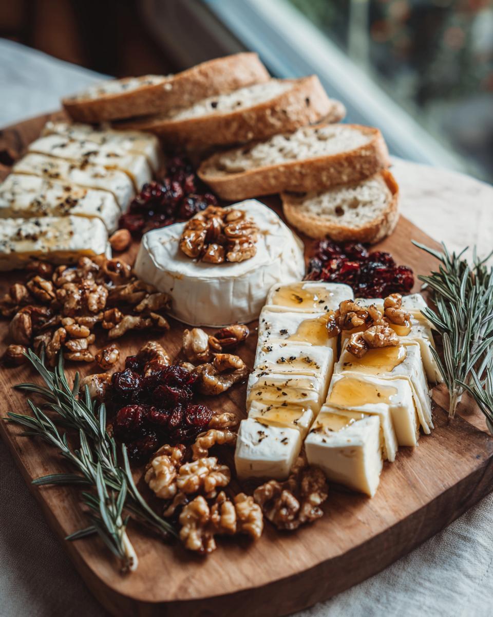 A festive holiday cheese board featuring brie, sliced baguette, walnuts, cranberries, and rosemary.