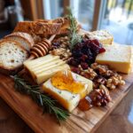 A close-up of a festive holiday cheese board with various cheeses, bread, walnuts, cranberries, and honey.