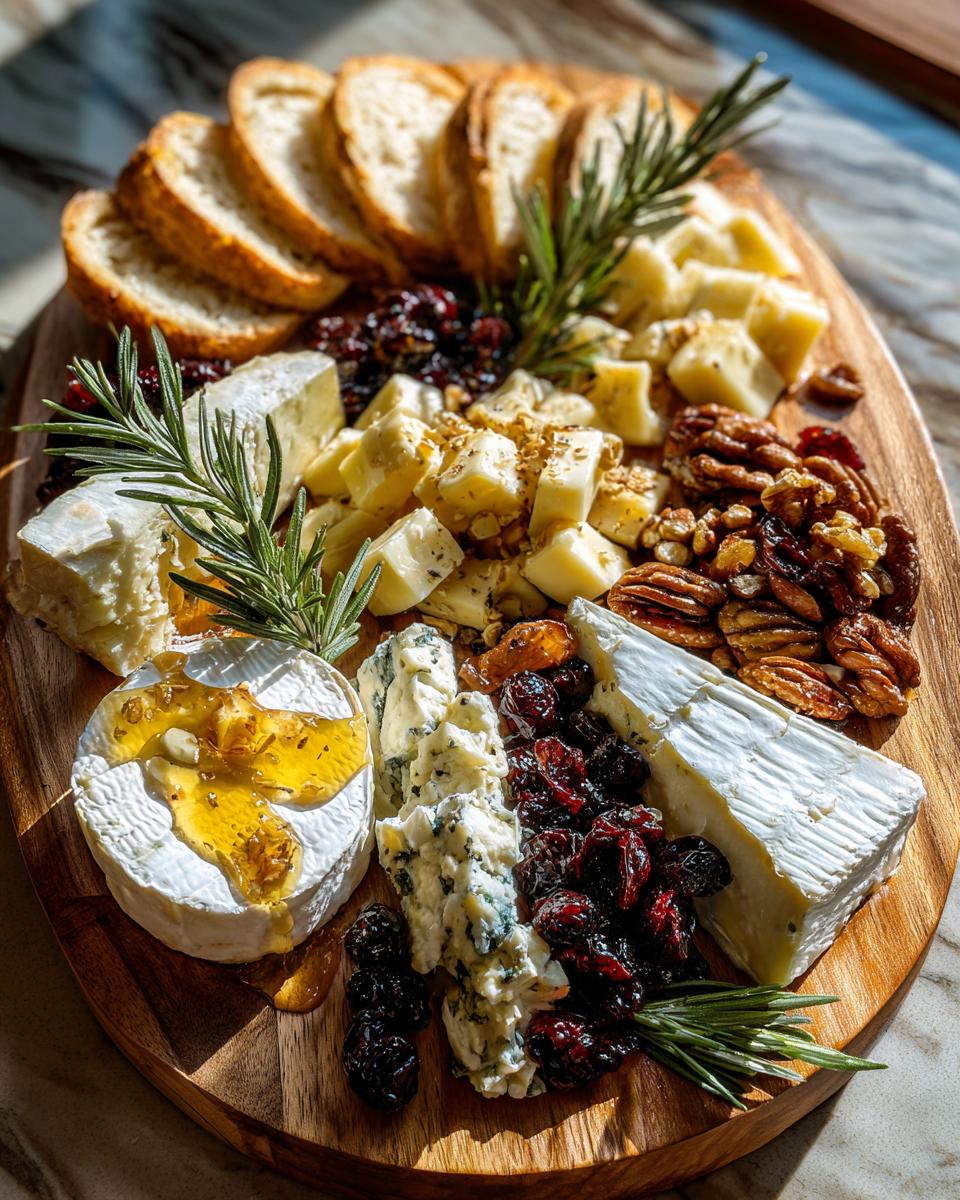 A beautiful and festive holiday cheese board featuring various cheeses, crackers, nuts, dried fruit, and rosemary.