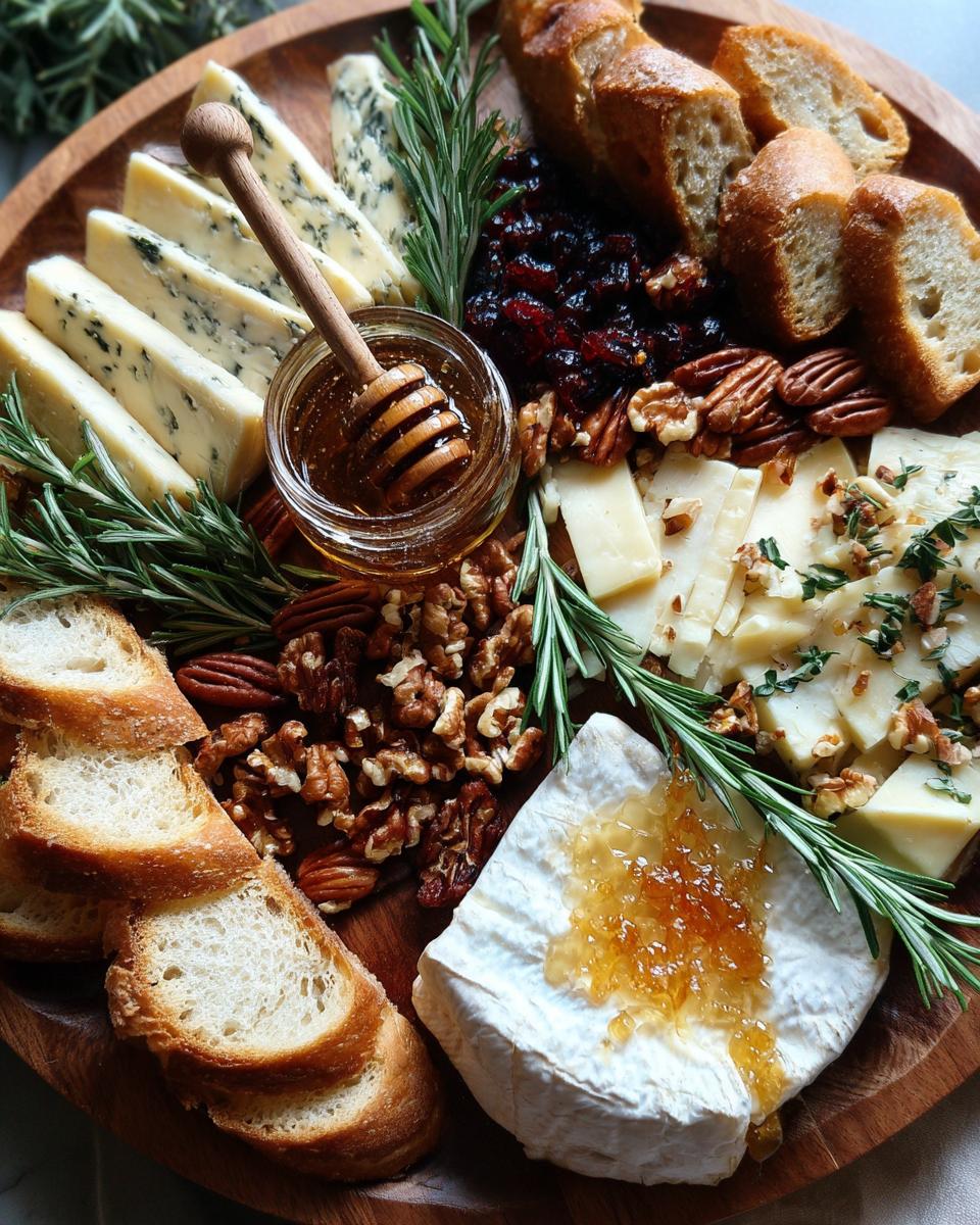 A beautiful arrangement of Festive Holiday Cheese Board Ideas, featuring blue cheese, brie, sliced cheeses, baguette slices, honey, nuts, and cranberries.