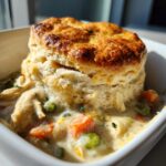 Close-up of a flaky biscuit chicken pot pie in a white bowl, showing the creamy filling.