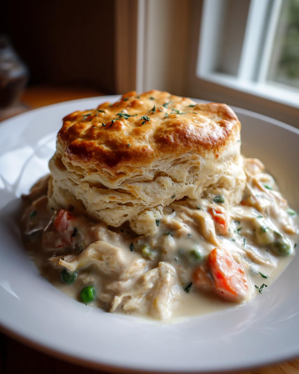 Close-up of a flaky biscuit chicken pot pie with a golden-brown biscuit topping and creamy filling.