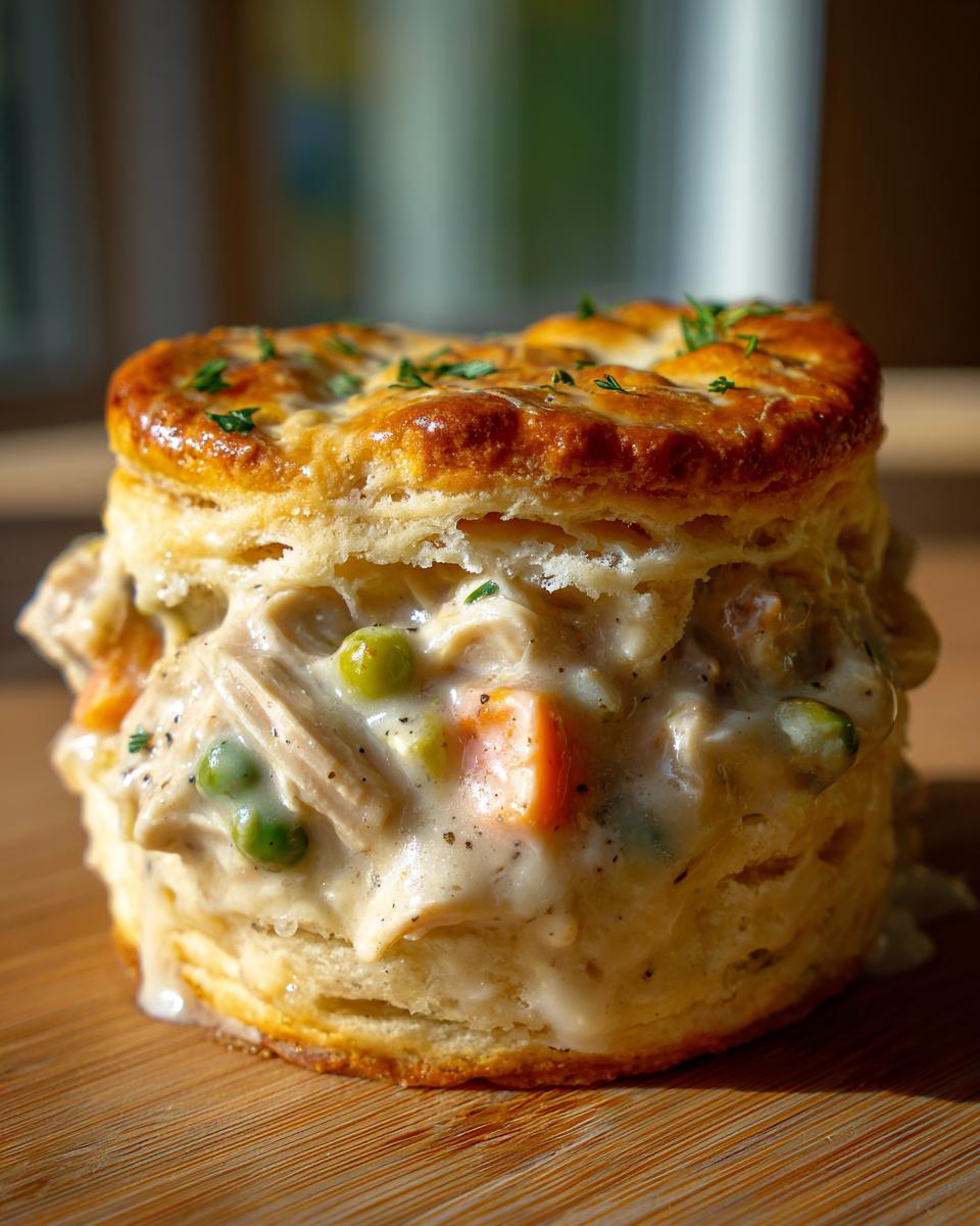 Close-up of a delicious Flaky Biscuit Chicken Pot Pie, showing the flaky biscuit and creamy filling.