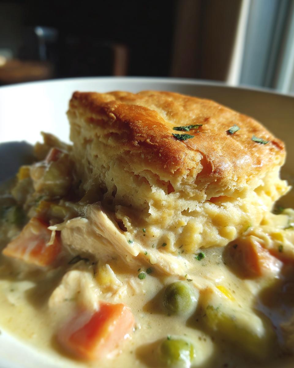 Close-up of a serving of Flaky Biscuit Chicken Pot Pie with a golden biscuit topping and creamy filling.