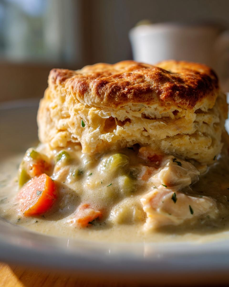 Close-up of a flaky biscuit chicken pot pie with chicken, vegetables, and creamy sauce; the Flaky Biscuit Chicken Pot Pie.
