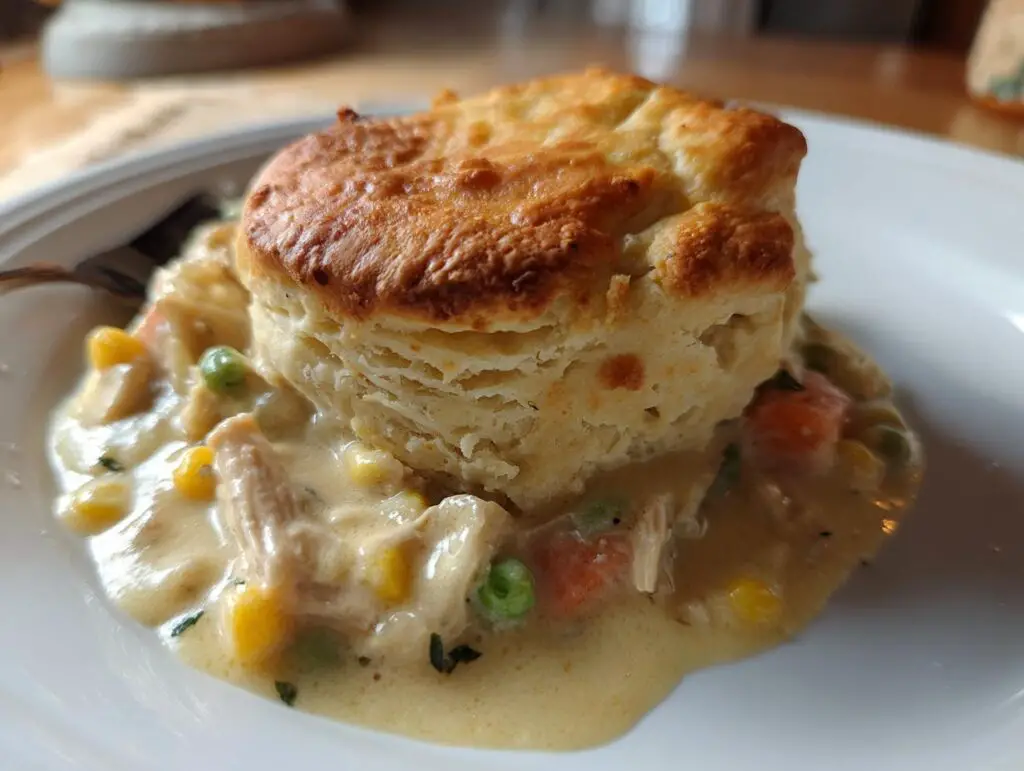 Close-up of a flaky biscuit chicken pot pie on a white plate. The filling is creamy with vegetables.