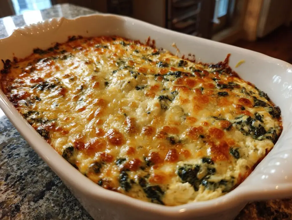 Baked Four-Cheese Spinach Artichoke Dip Casserole in a white baking dish.