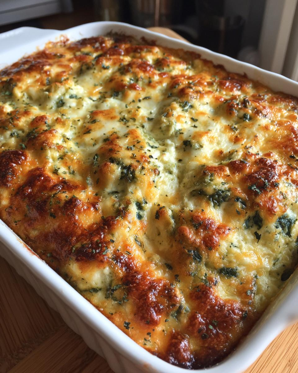 Overhead shot of a baked Four-Cheese Spinach Artichoke Dip Casserole in a white baking dish.