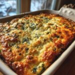 Overhead shot of a baked Four-Cheese Spinach Artichoke Dip Casserole in a baking dish.