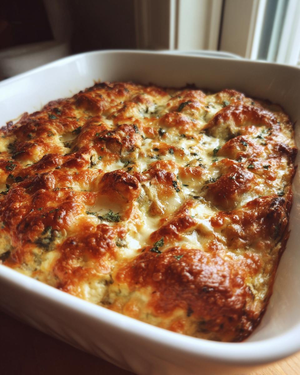 Close-up of a baked Four-Cheese Spinach Artichoke Dip Casserole in a white baking dish.