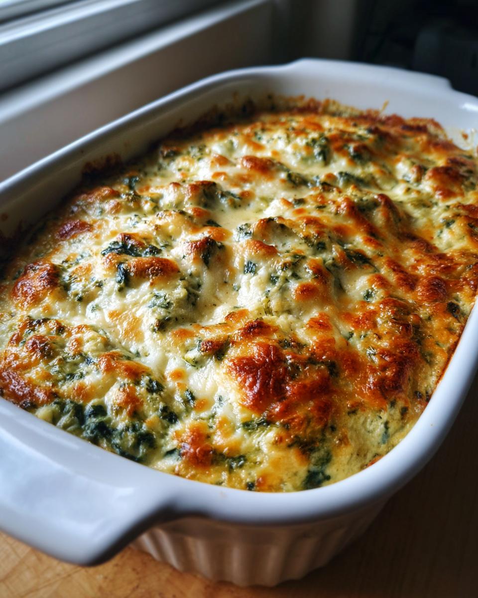 Overhead shot of a baked Four-Cheese Spinach Artichoke Dip Casserole in a white baking dish.