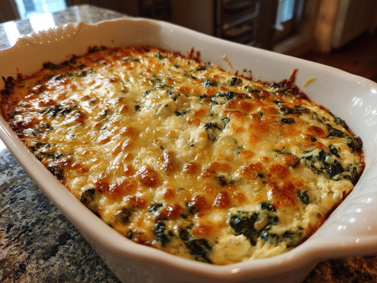 Baked Four-Cheese Spinach Artichoke Dip Casserole in a white baking dish.