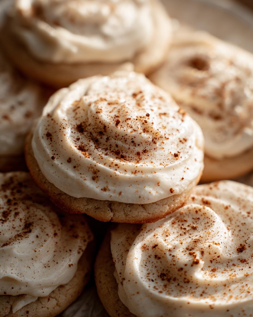 Close-up of frosted eggnog sugar cookies, topped with frosting and sprinkled with spice.