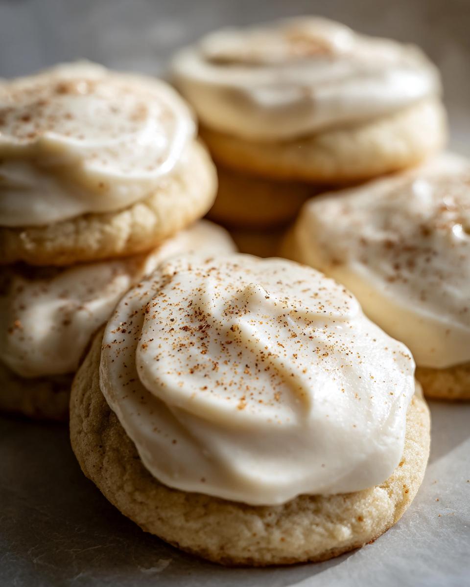 Close-up of frosted eggnog sugar cookies, topped with frosting and sprinkled with nutmeg.