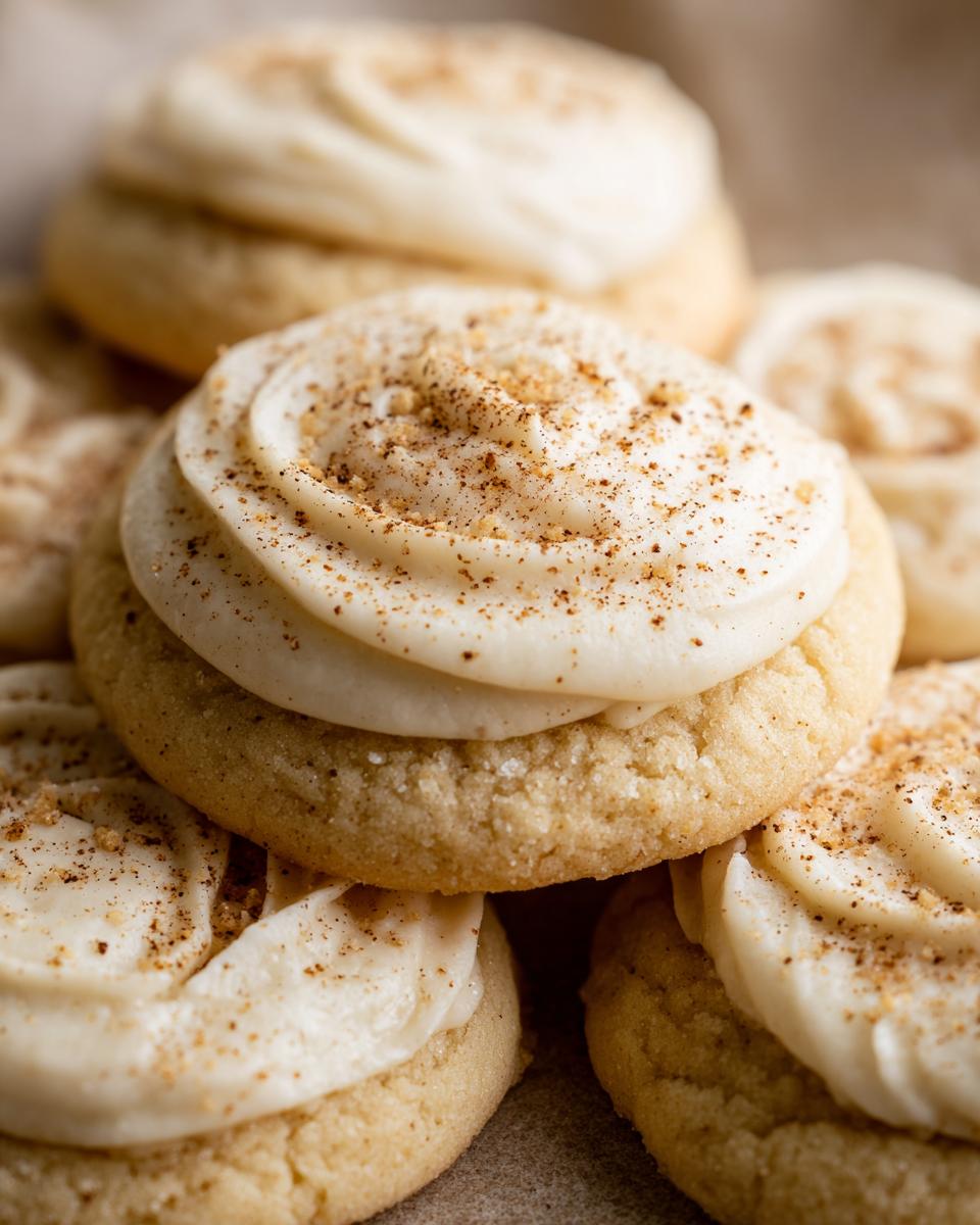 Close-up of delicious Frosted Eggnog Sugar Cookies with frosting and spices.
