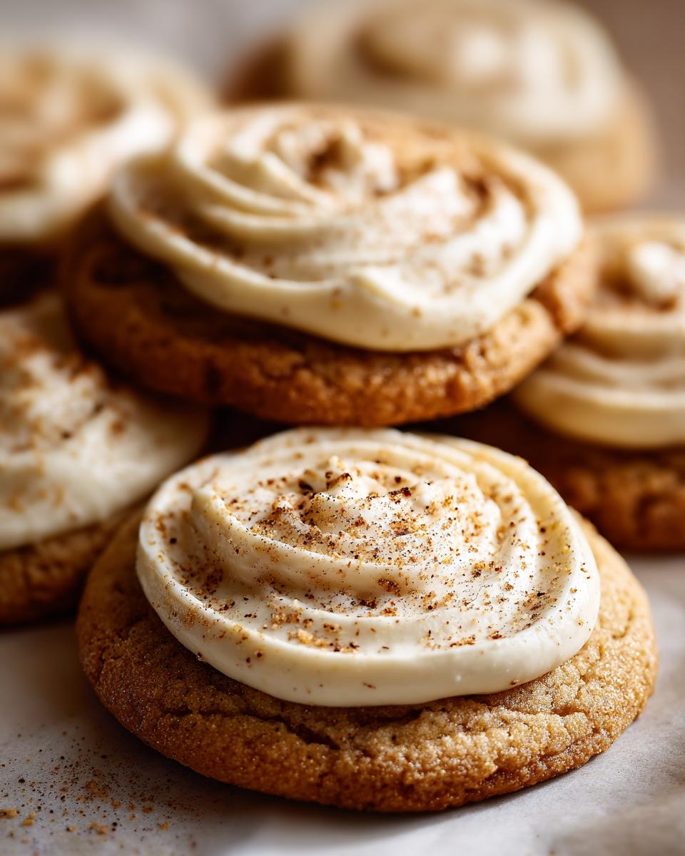 Close-up of frosted eggnog sugar cookies, topped with creamy frosting and a sprinkle of spice.