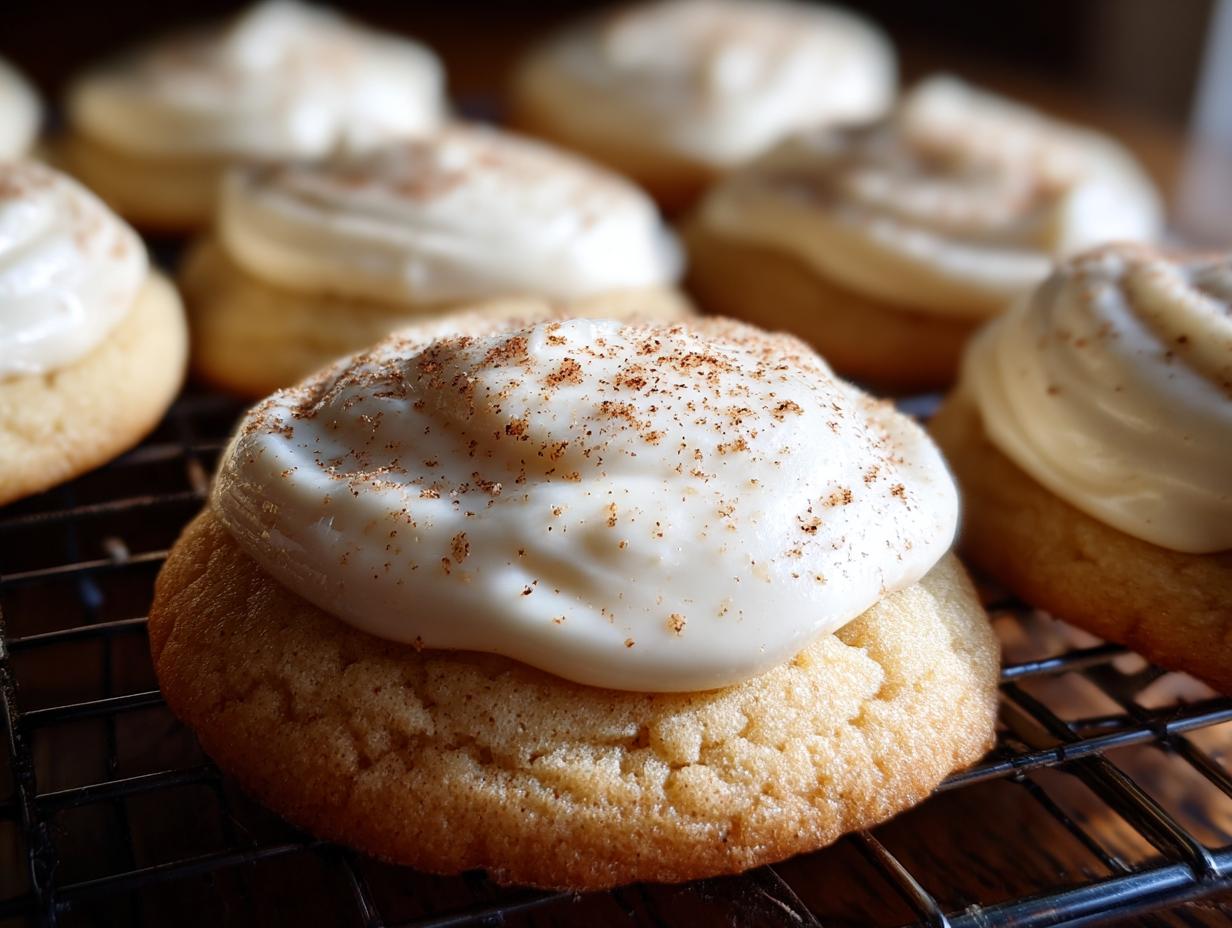 Close-up of frosted eggnog sugar cookies sprinkled with cinnamon, on a cooling rack. The primary keyword is Frosted Eggnog Sugar Cookies.