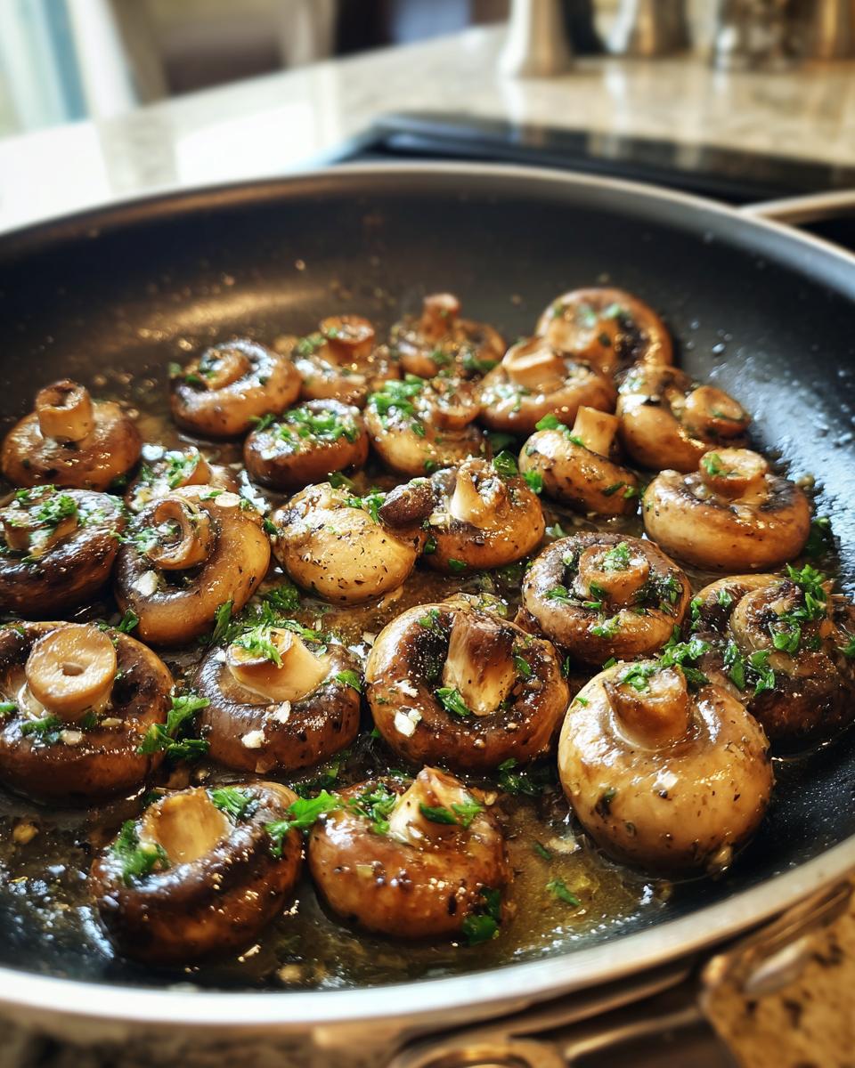 Garlic Butter Mushrooms: Easy & Delicious in Under 20 Mins! 7 Close-up of garlic butter mushrooms cooking in a pan, a delicious Garlic Butter Mushrooms recipe.