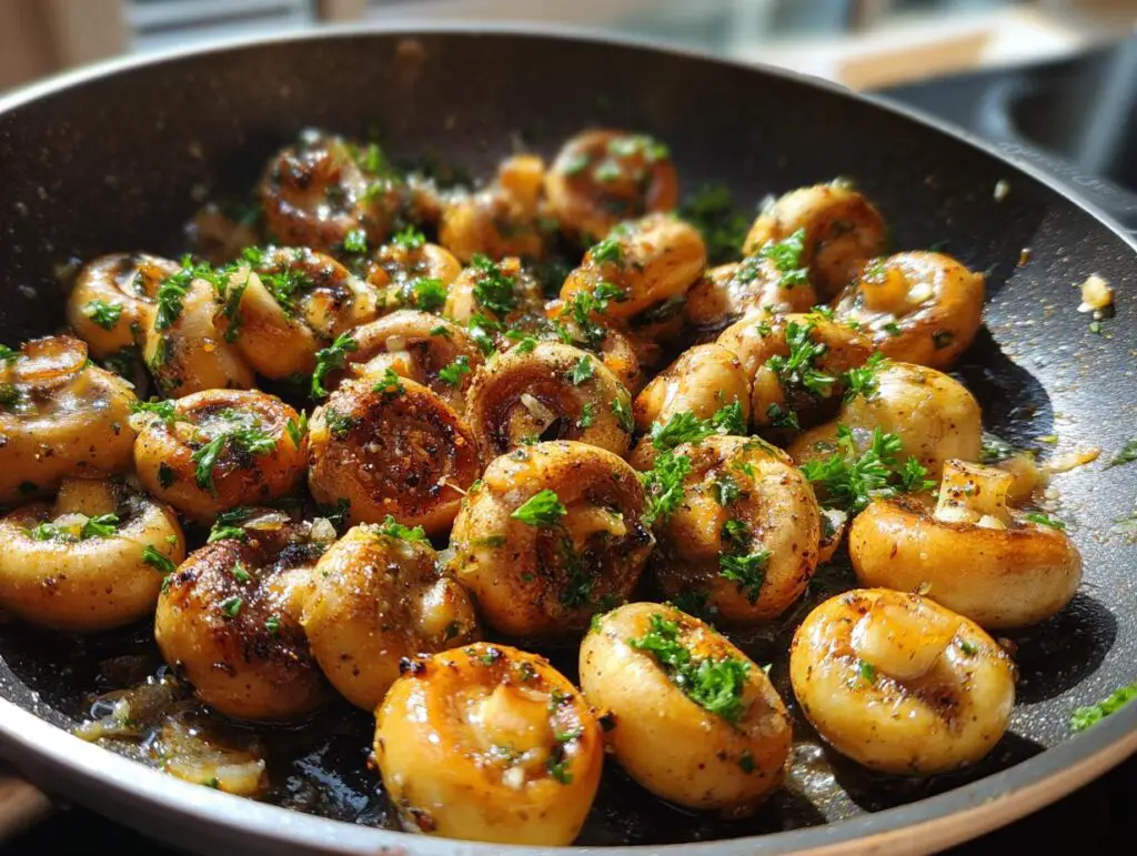 Close-up of golden-brown Garlic Butter Mushrooms cooking in a pan, garnished with fresh herbs.