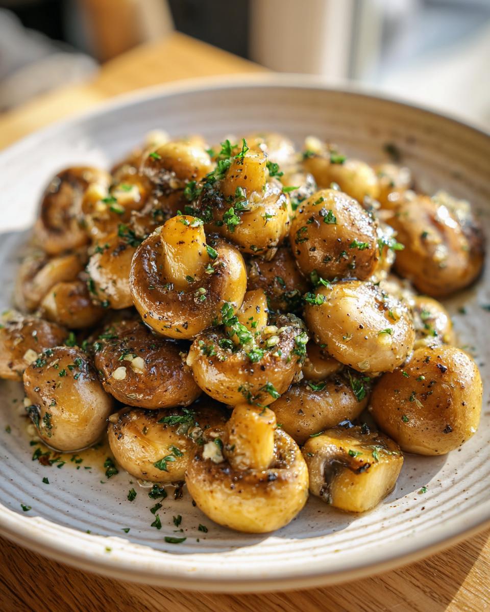 Garlic Butter Mushrooms: Easy & Delicious in Under 20 Mins! 9 Close-up of a plate of Garlic Butter Mushrooms, garnished with parsley and garlic.