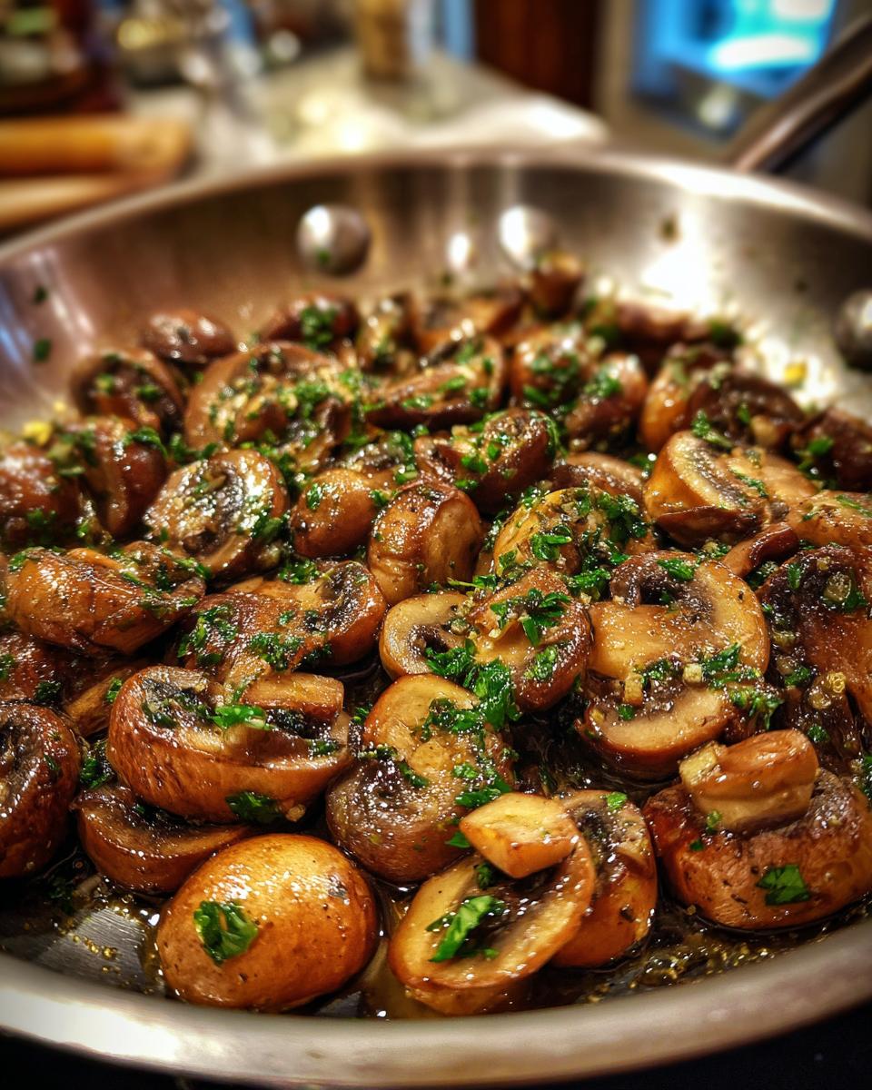 Garlic Butter Mushrooms: Easy & Delicious in Under 20 Mins! 8 Close-up of Garlic Butter Mushrooms cooking in a skillet, garnished with fresh herbs.