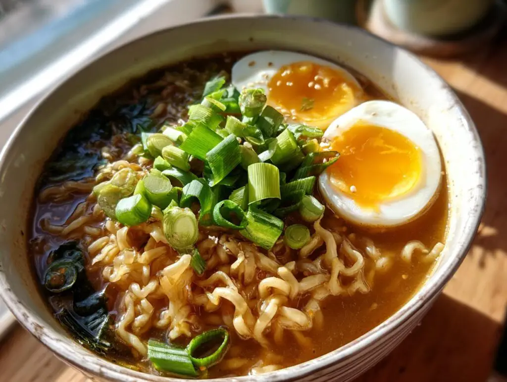 Close-up of a bowl of Garlic Miso Ramen with noodles, soft-boiled eggs, and green onions.