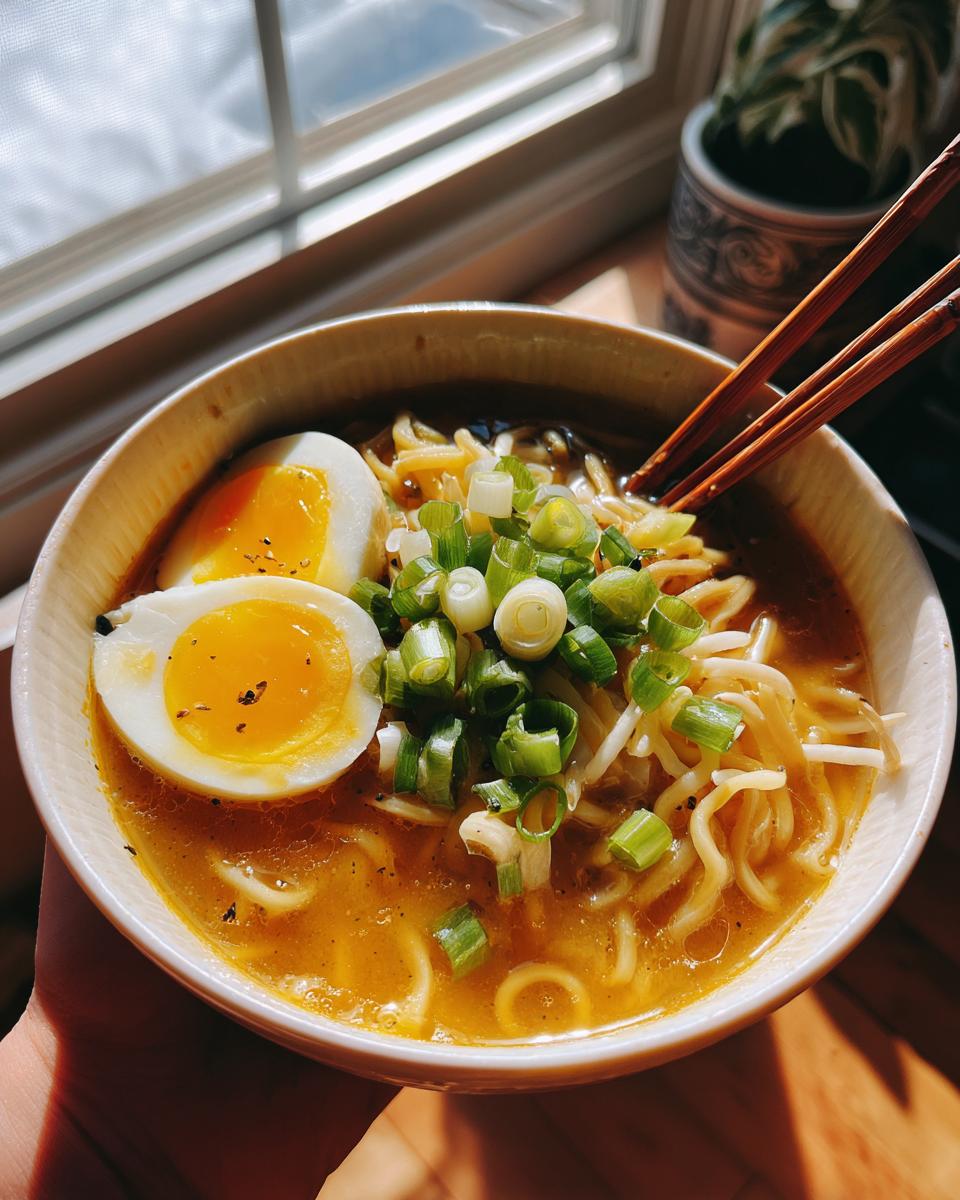 A bowl of Garlic Miso Ramen with noodles, egg, and green onions. A delicious bowl of the Garlic Miso Ramen.