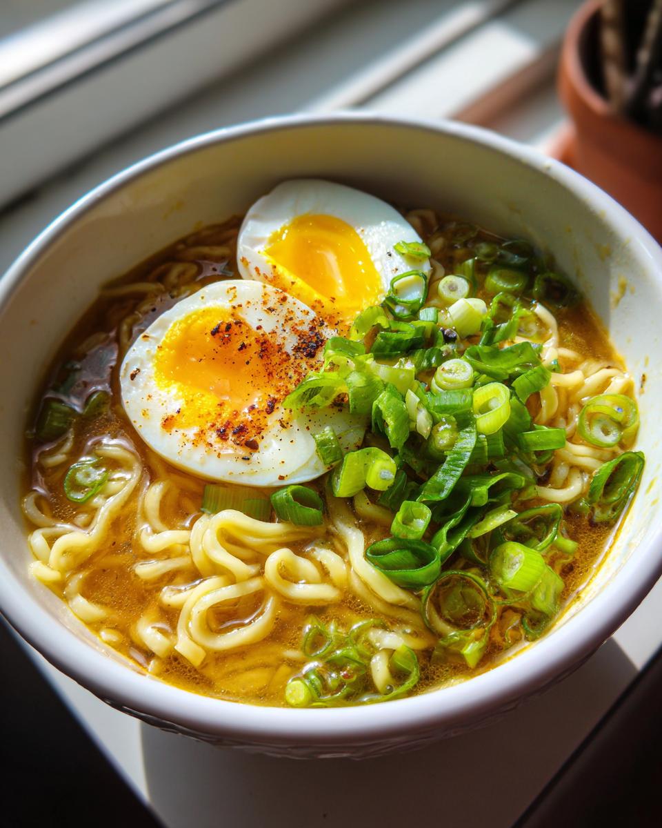 Close-up of a bowl of Garlic Miso Ramen with noodles, soft boiled egg, and green onions.